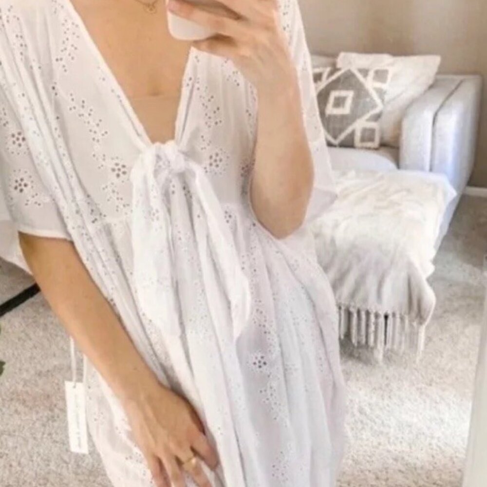 YOUNG FABULOUS AND BROKE White Eyelet Maxi Beach Cover Up Dress SMALL - Picture 4 of 15